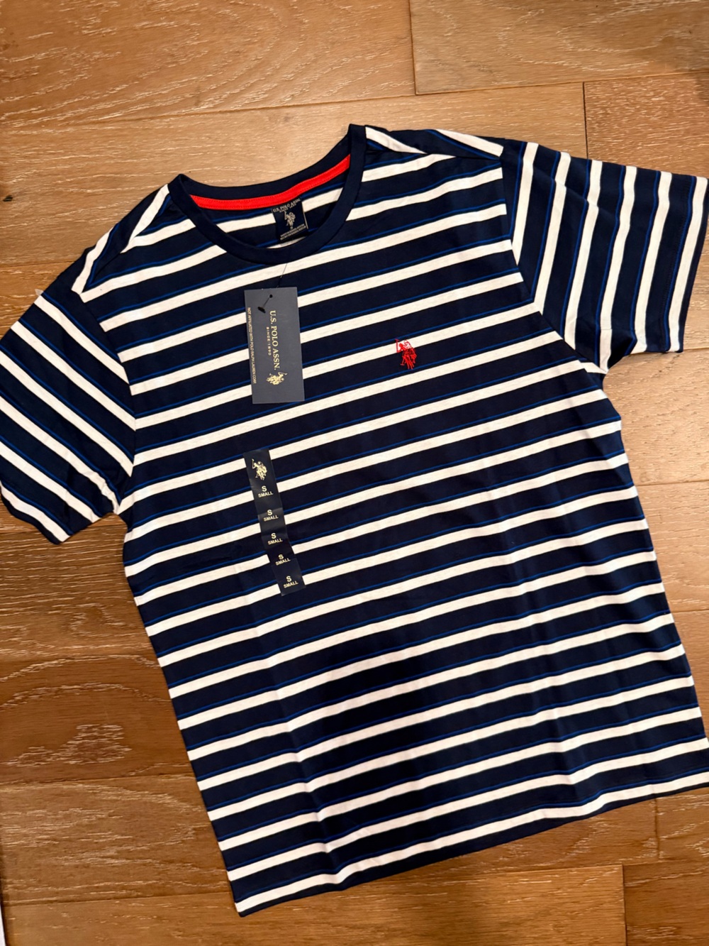 U.S. Polo Assn. Navy & White Striped Crew Neck Tee with Red Logo